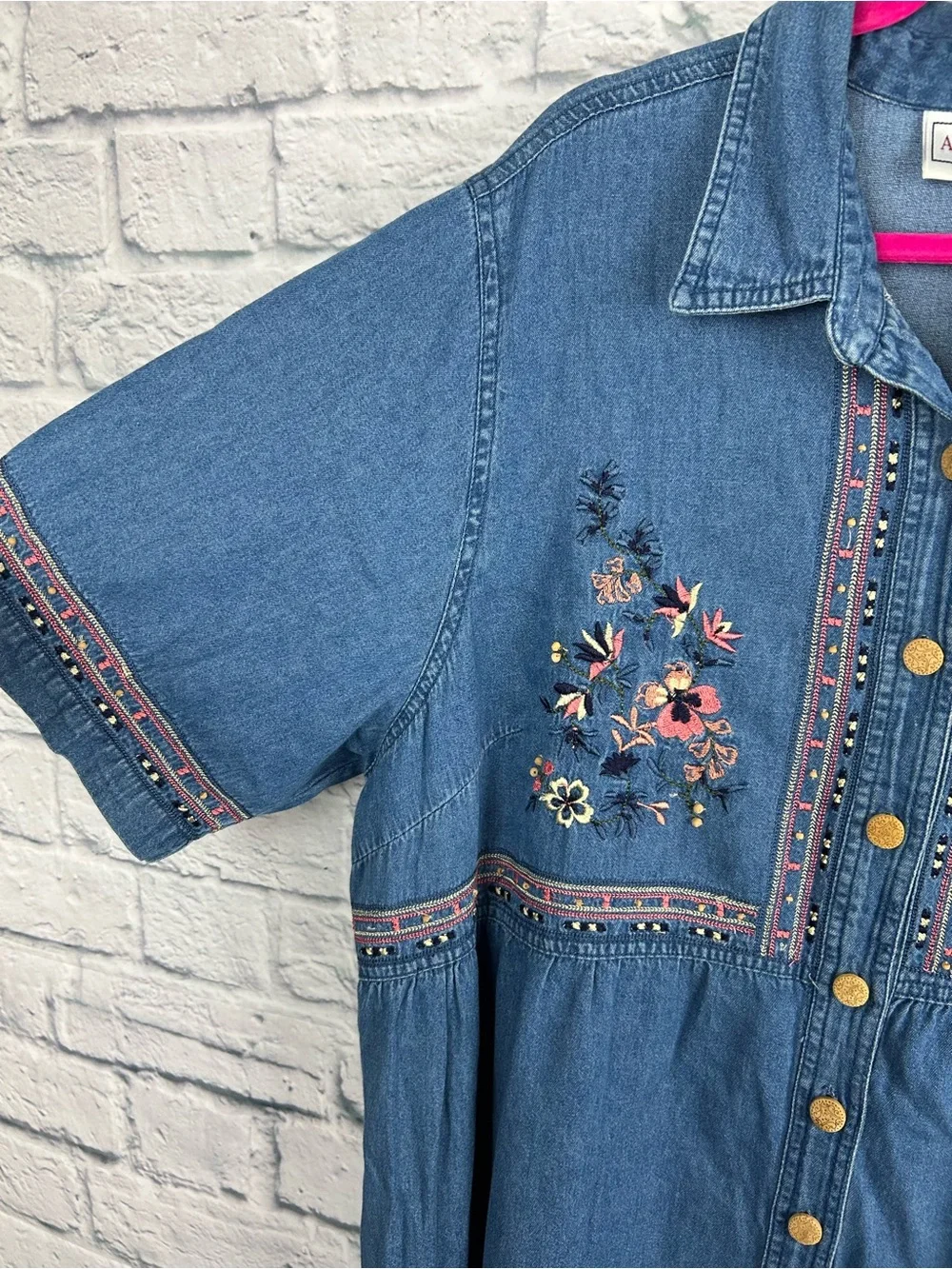 Anna Maxwell 2X Embroidered Denim Maxi Shirt Dress Button Front Pockets Boho - Picture 3 of 8